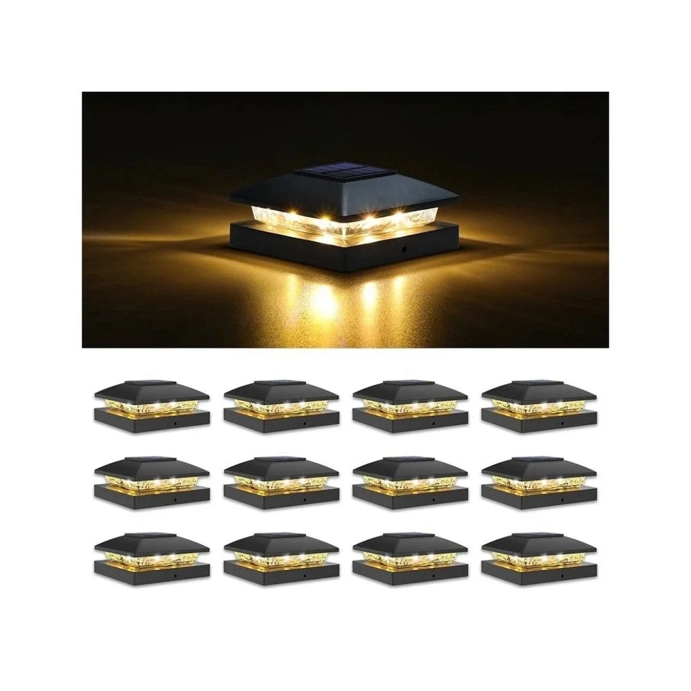 Solar Fence Post Cap Lights 12 Pack 4x4 Waterproof Warm White Black VOLISUN Deck